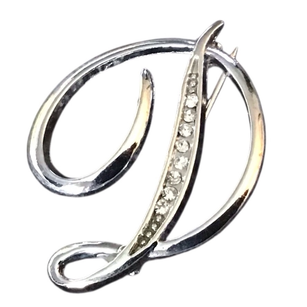 D Brooch Initial Monogram Cursive Silver Tone Met… - image 1